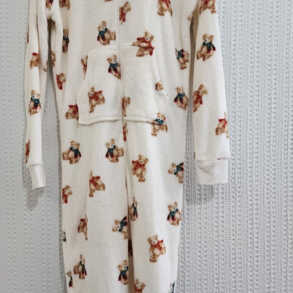 Forever 21 Teddy Bear Fleece Hooded Onesie Pajamas Cream Cozy Size Small - Picture 5 of 12